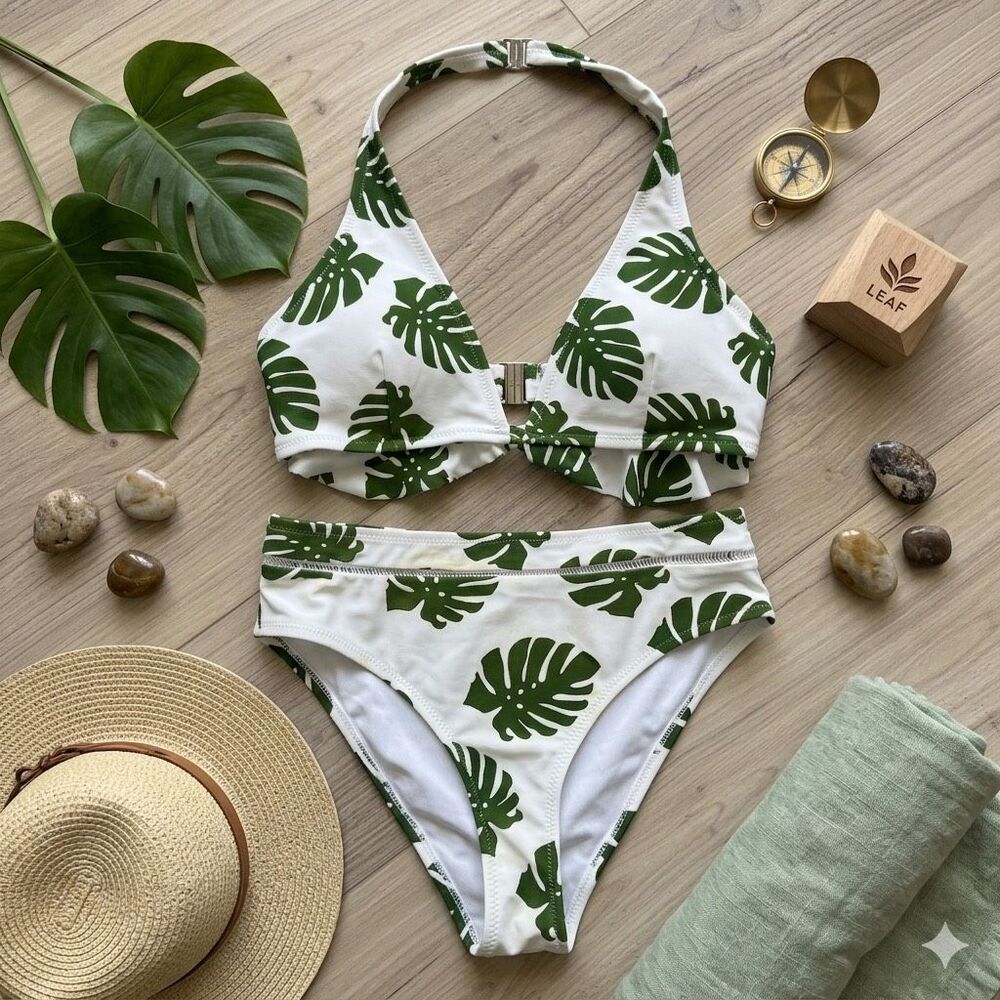 Cupshe Green Tropical Leaf Bikini Set Size Small Ruffle Two Piece Palm Print Swi